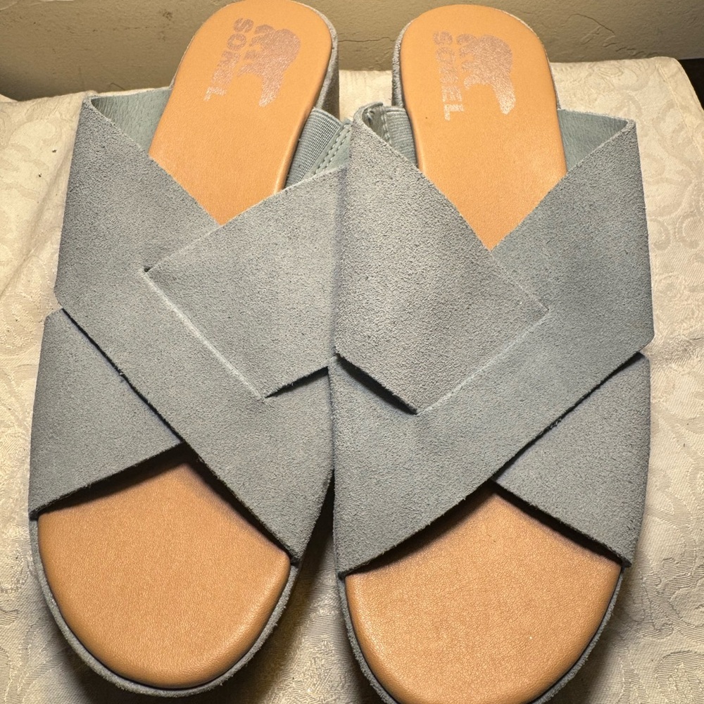 Sorel Blue Sandals Size 8. Mules Suede Top Cork Bottom. Super Cute! Clean!!
